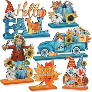 6 Pcs Fall Table Decorations Wooden‎ Thanksgiving Signs Hello Gnomes Pumpkin